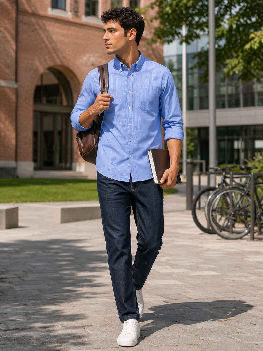 Men Blue Micro Check Oxford Shirt