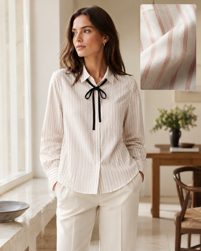 Women Pink Cotton Shirt With Neck Tie Ribbon