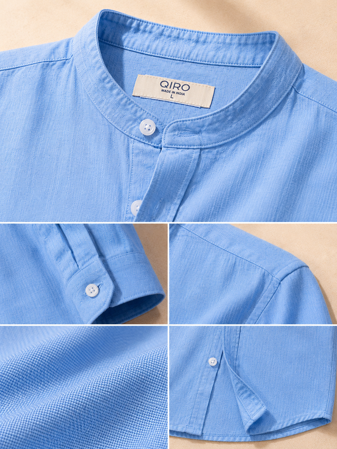 Men Blue Linen Band Collar Shirt