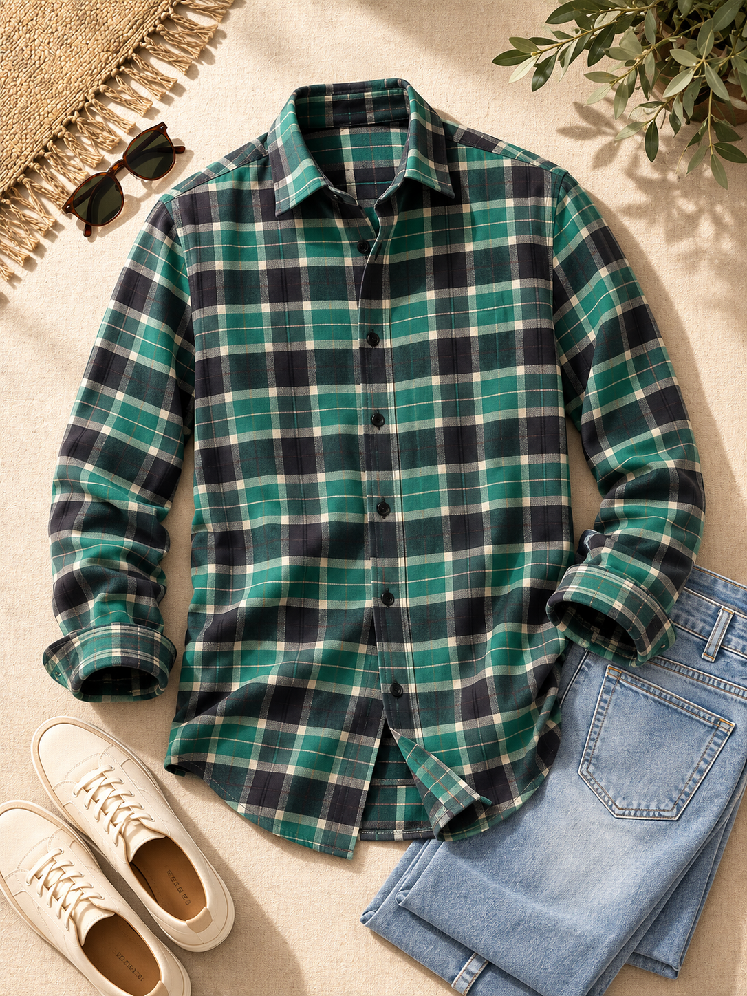 Men Green & Black Plaid Checked Long Sleeve Shirt