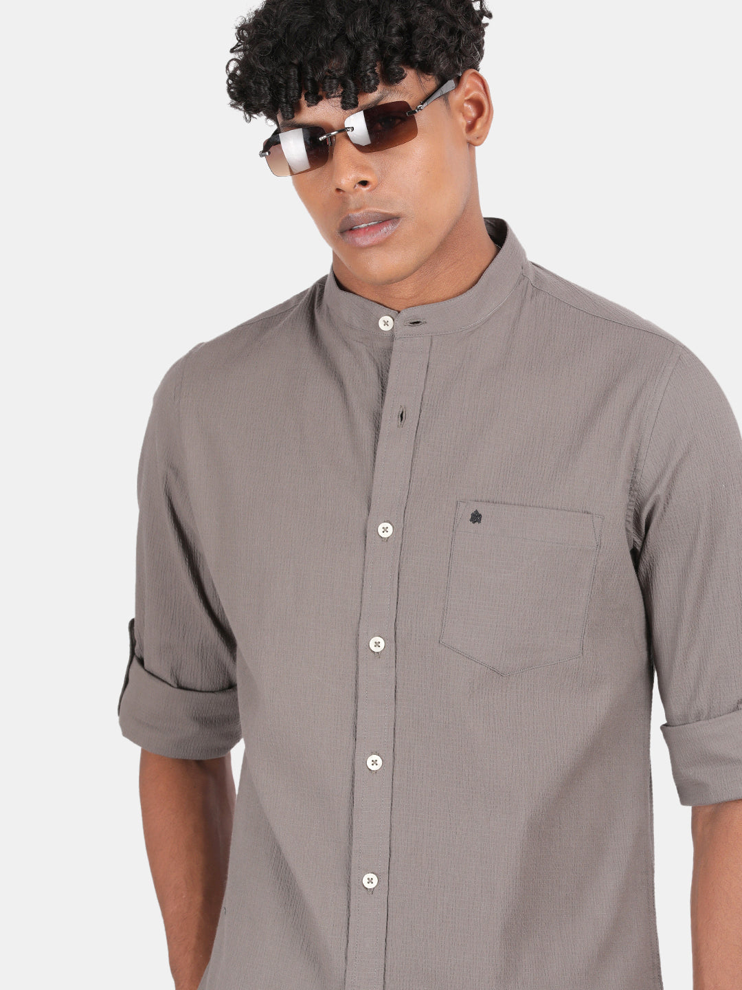 Men Dark Grey Slim Fit Mandarin Collar Full Sleeve Casual Shirt