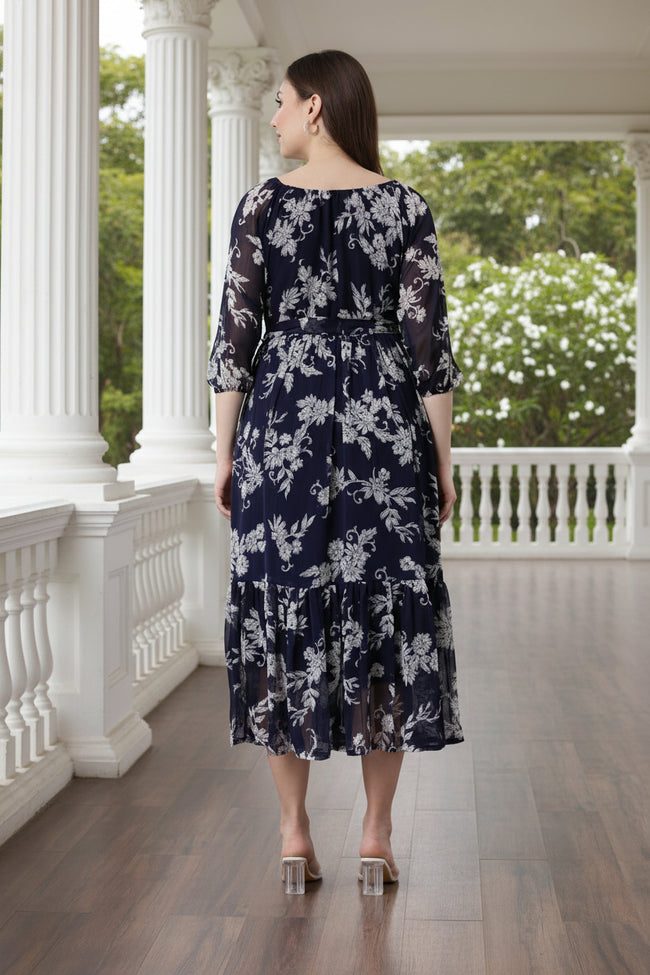Women Bloom Navy Chiffon Dress