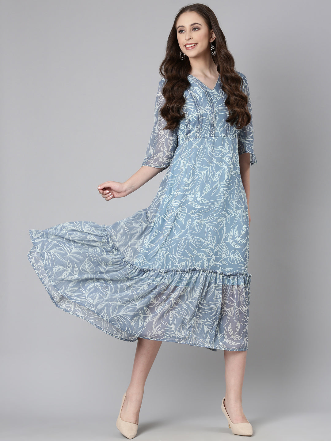Women Grey Floral Chiffon Dress