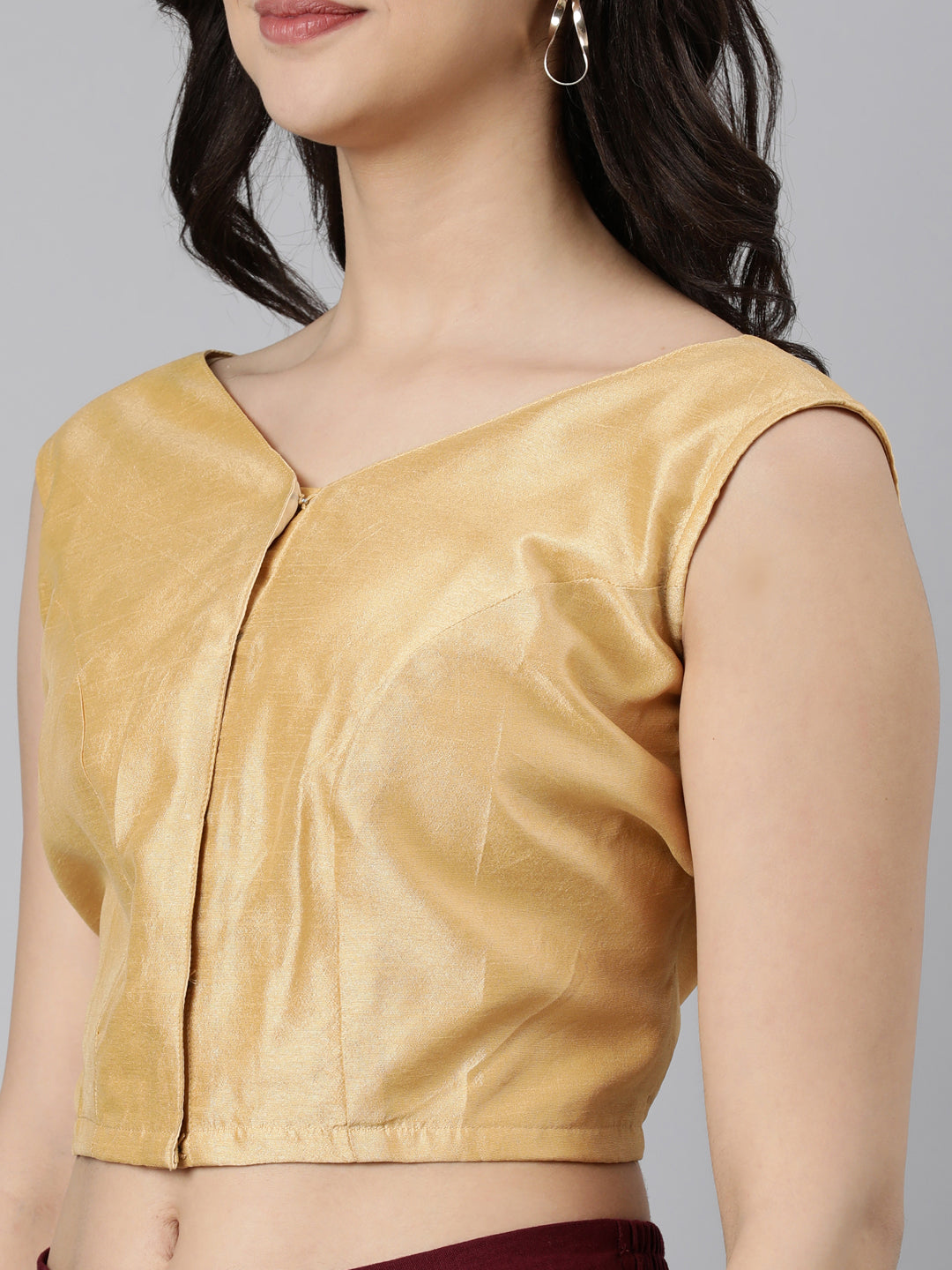 Beige Solid Sleeveless V-Neck Dupion Silk Knot Blouse