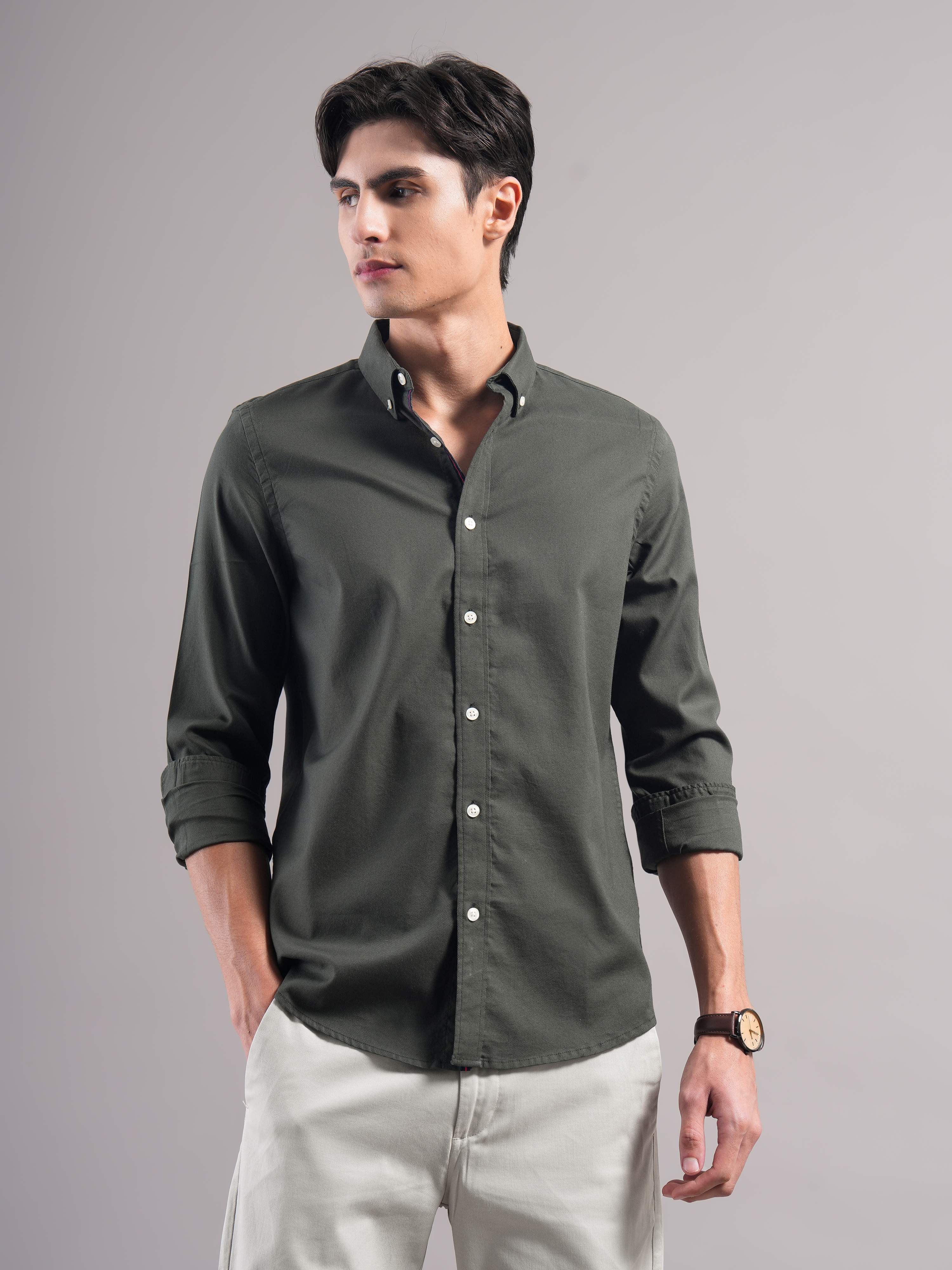 Men Olive Solid Casual Shirt
