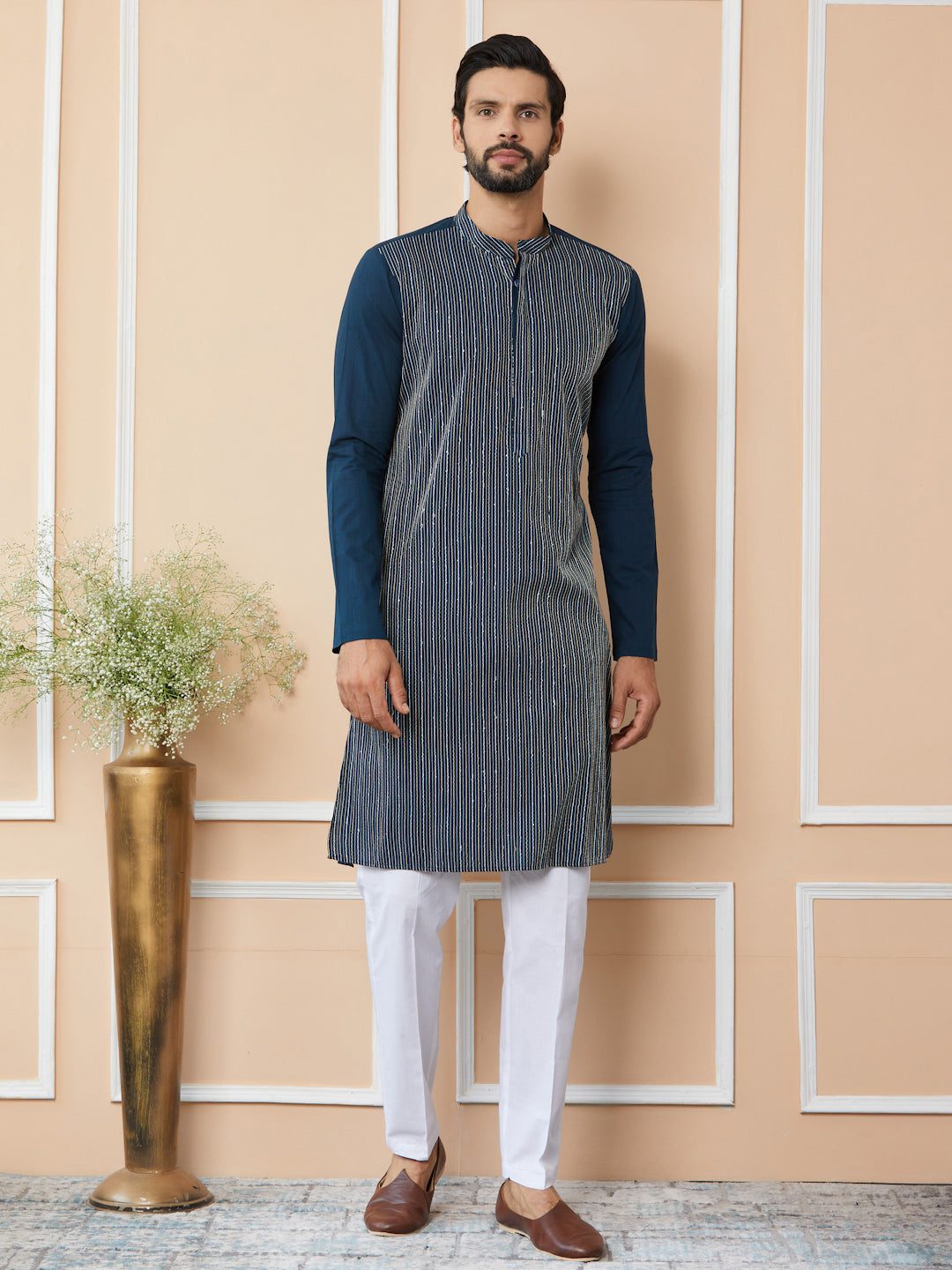 Men Dark Blue Thread & Sequin Worked Pure Cotton Straight Kurta