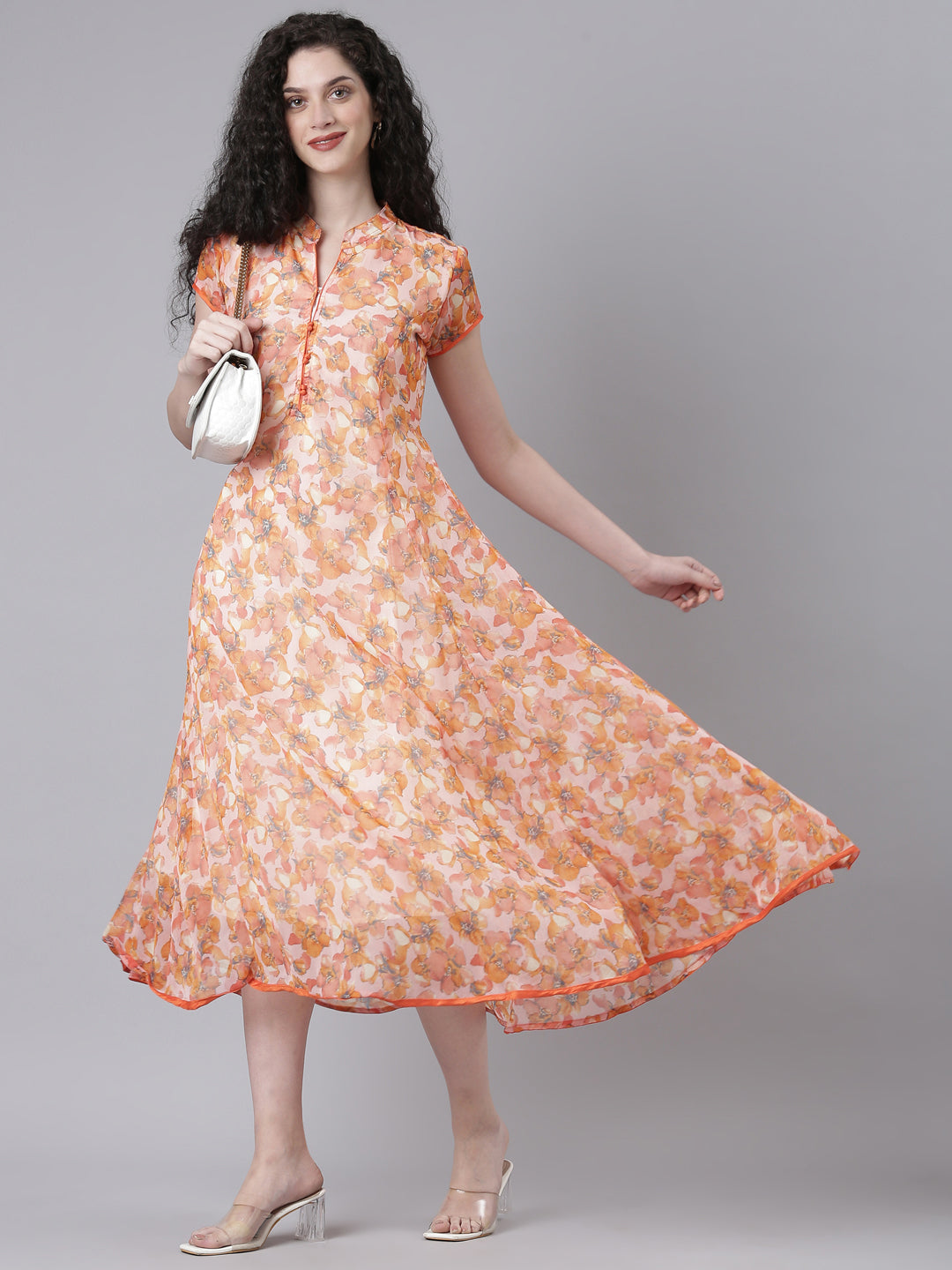 Women Peach Floral Chiffon Dress