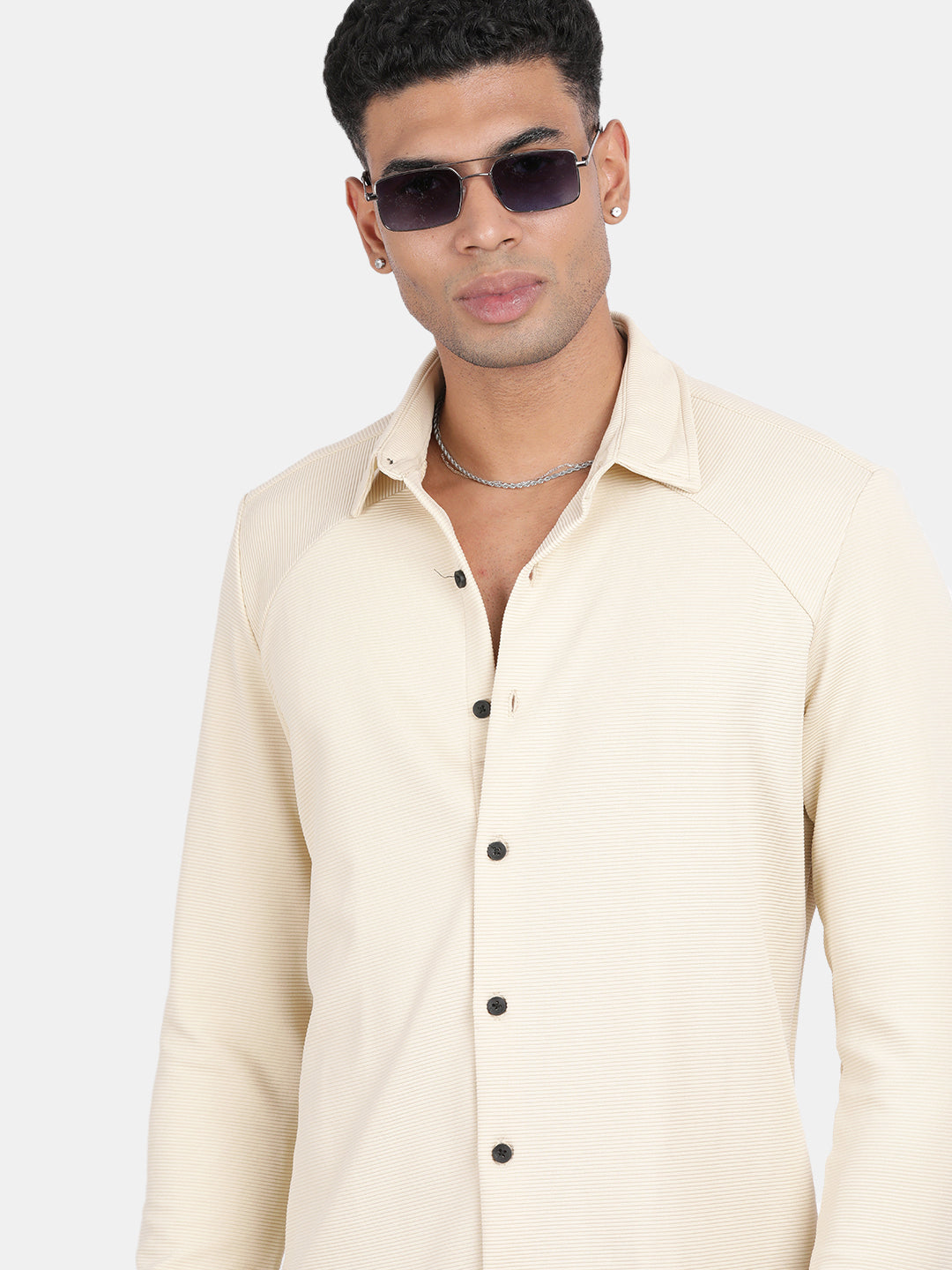 Men Cream Slim Fit Spread Collar Full Sleeve Casual Shirt