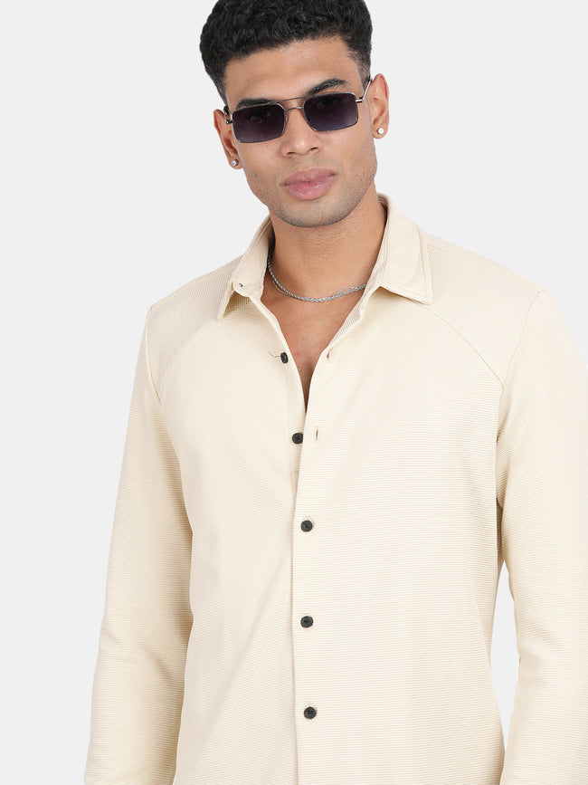Men Cream Slim Fit Spread Collar Full Sleeve Casual Shirt