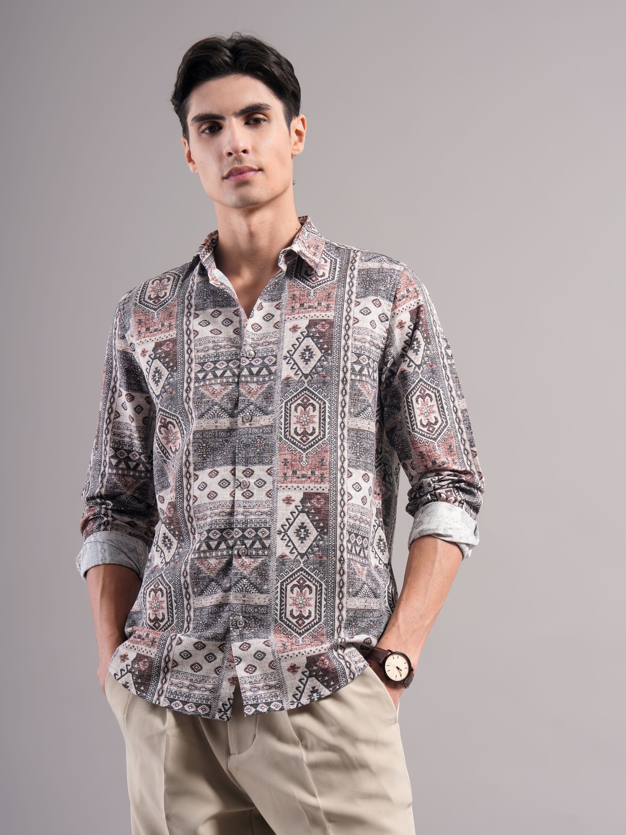 Men Grey Printed Casual Shirt
