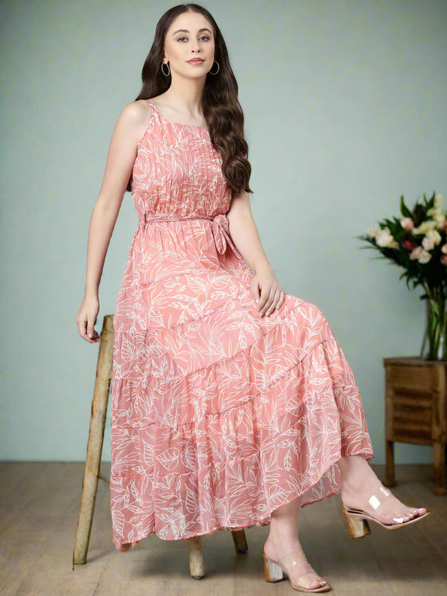 Women Peach Floral Fit & Flare Maxi