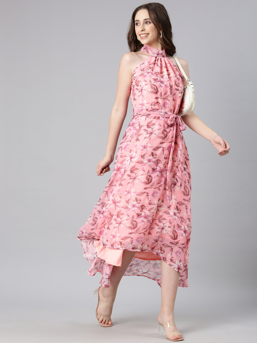 Women Peach Floral Chiffon Dress