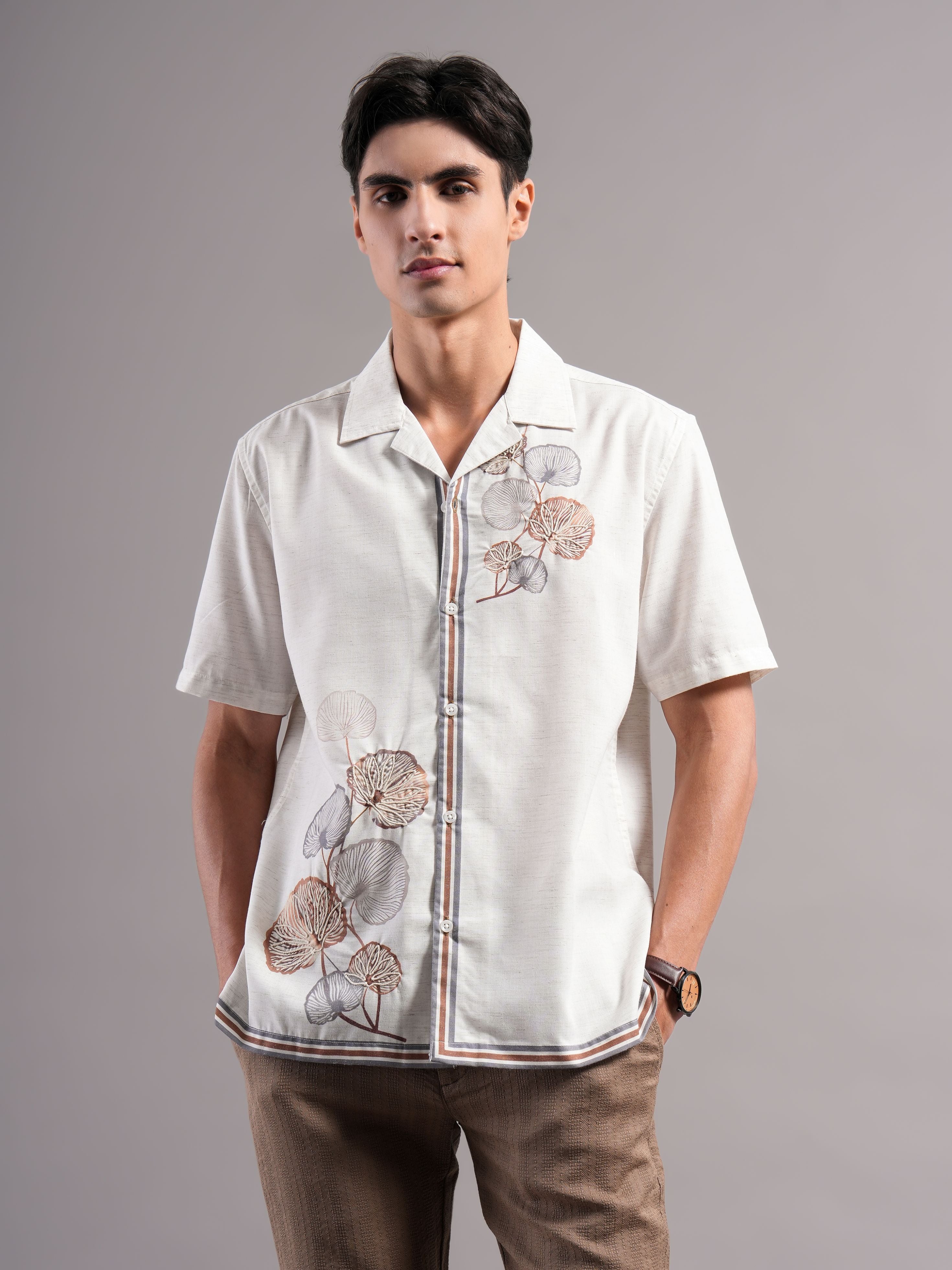 Men Cream Printed Casual Shirt