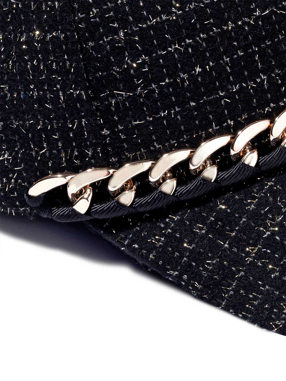 Women Black Tweed Baseball Cap With Gold Chain