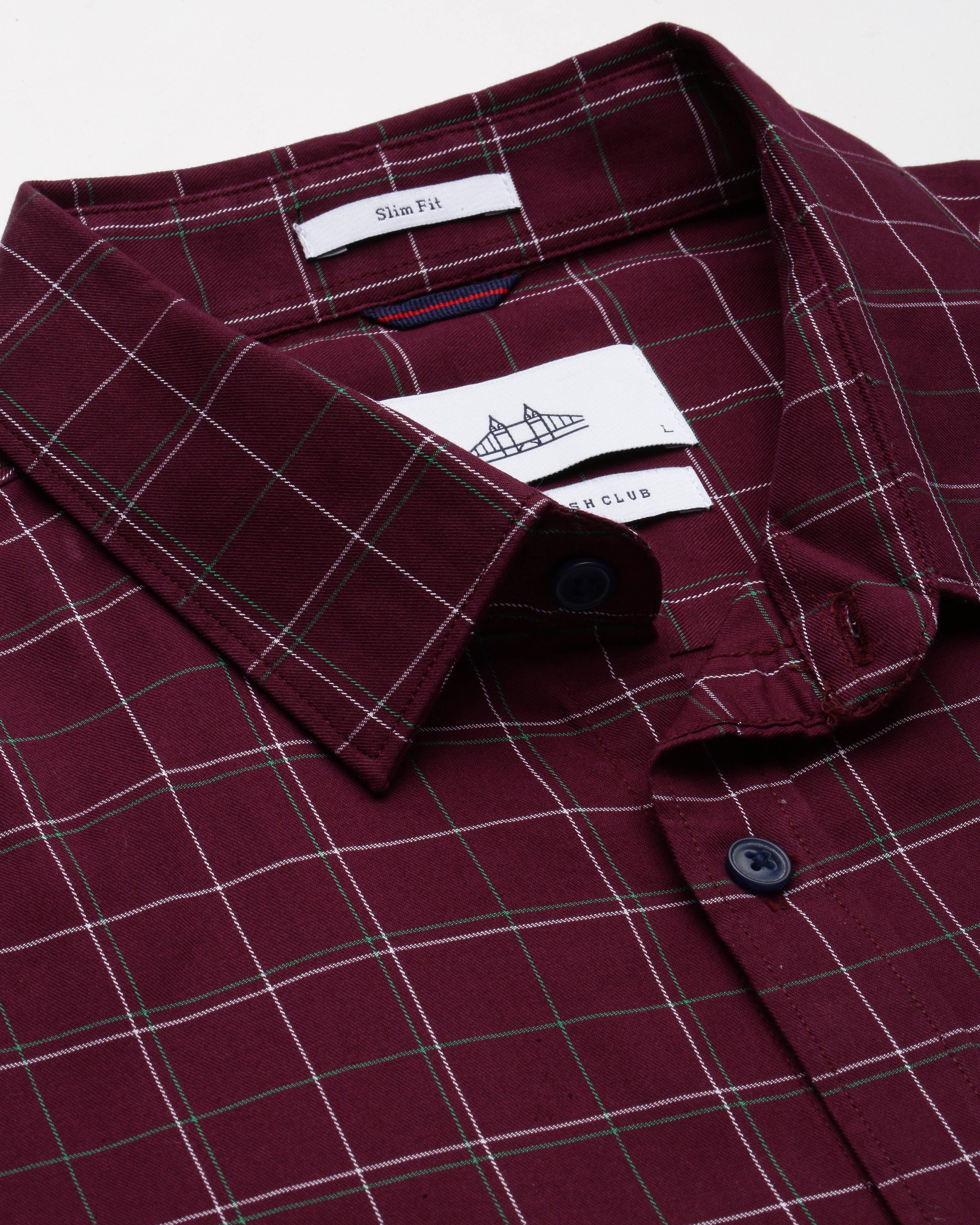 Men Burgundy Twill Checked Shirt