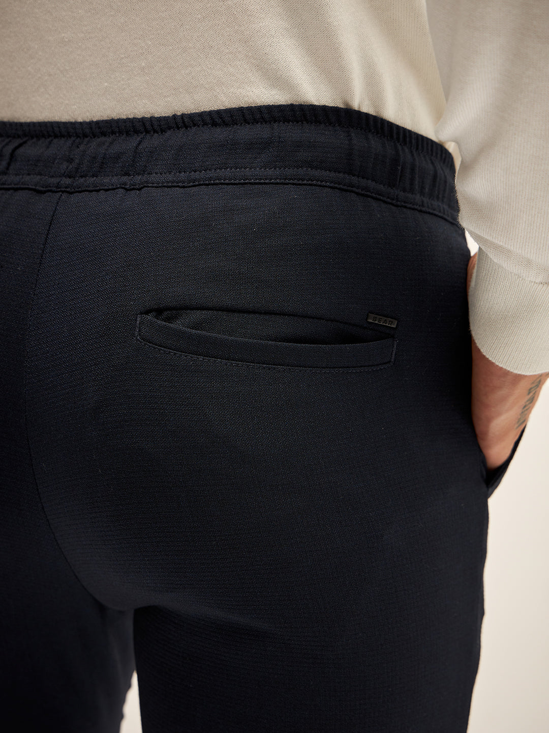 Men Dark Blue Solid 4 Way Stretch Semi-Formal Trouser