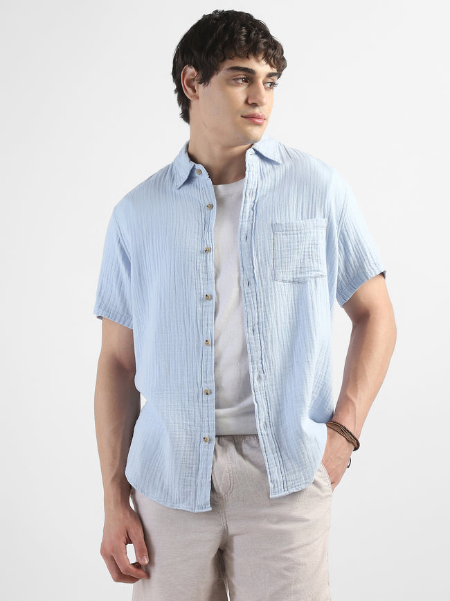 Men Blue Double Cloth Casual Shirt