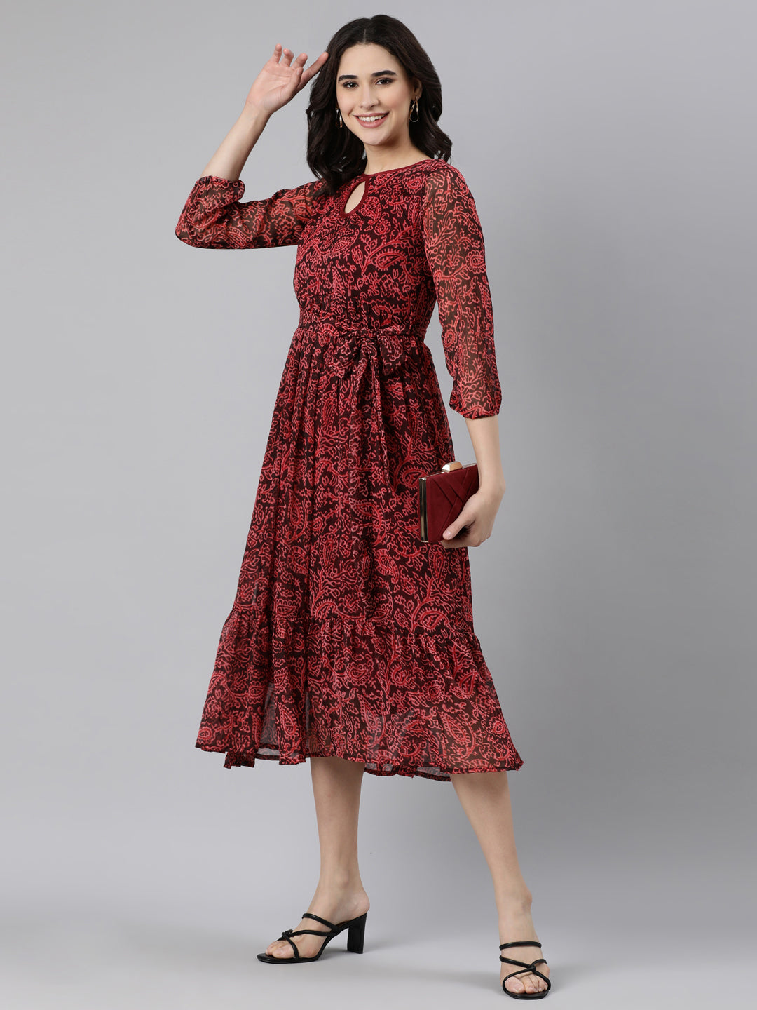 Women Maroon Floral Chiffon Dress