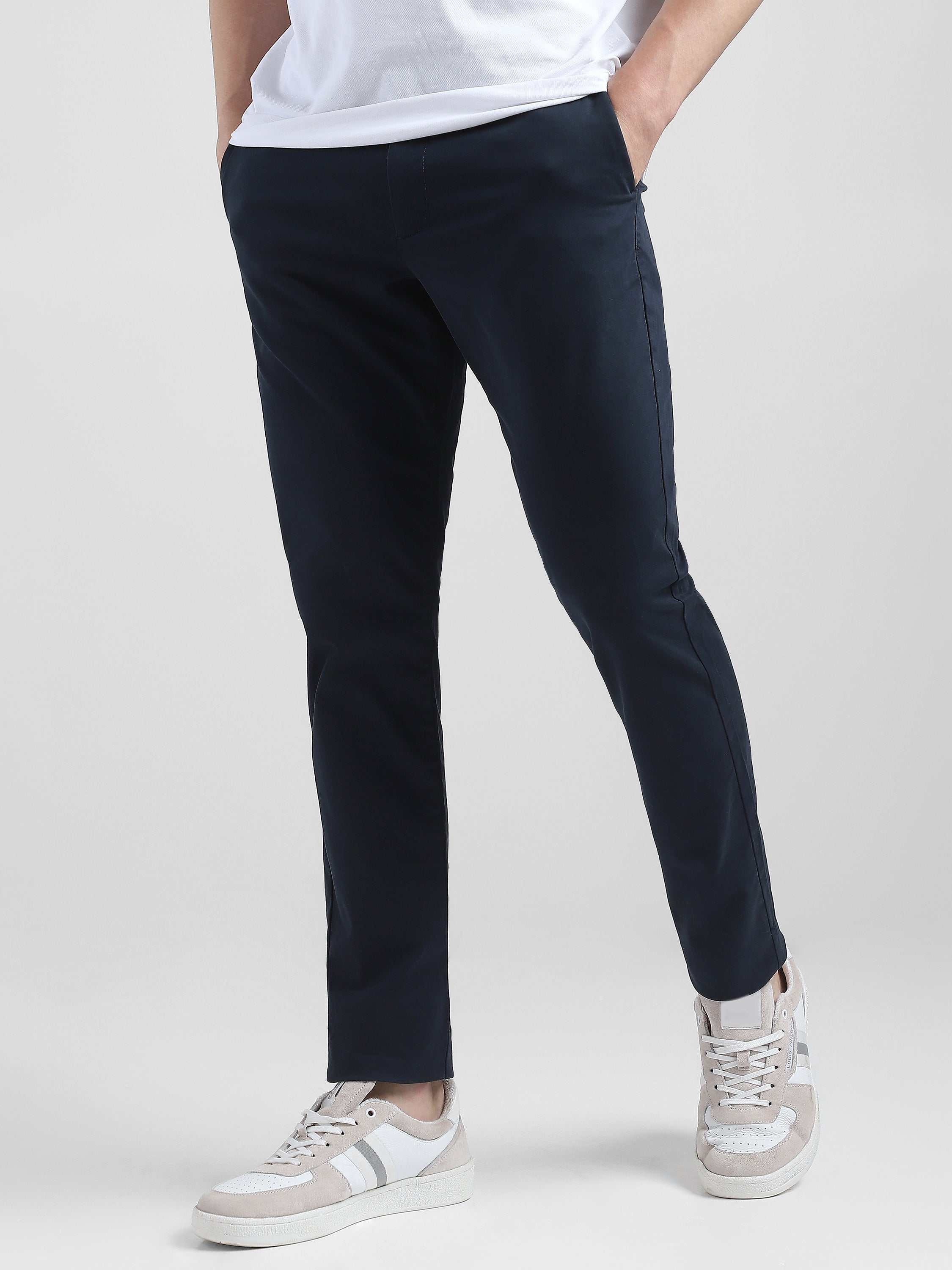 Men Navy Mid Rise Regular Fit Trouser