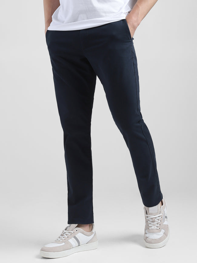 Men Navy Mid Rise Regular Fit Trouser