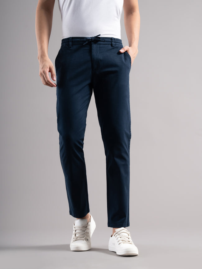 Men Teal Elastic Drawstring Trousers