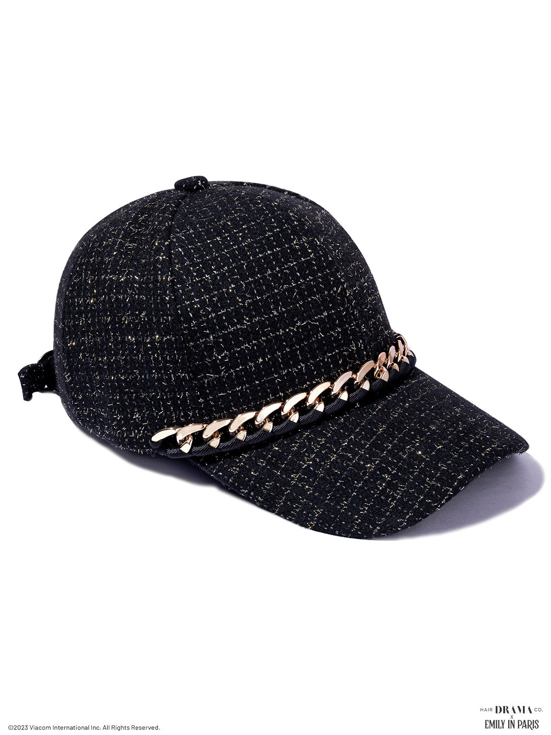 Women Black Tweed Baseball Cap With Gold Chain