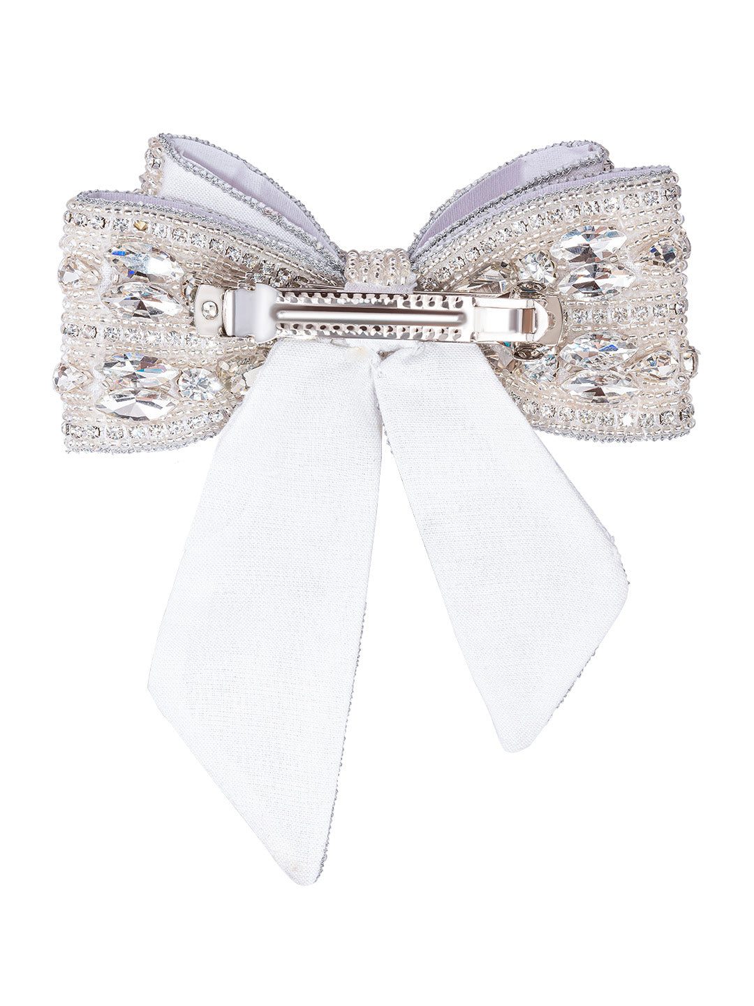 Silver Embellished Crystal Hair Bow Barrette Clip