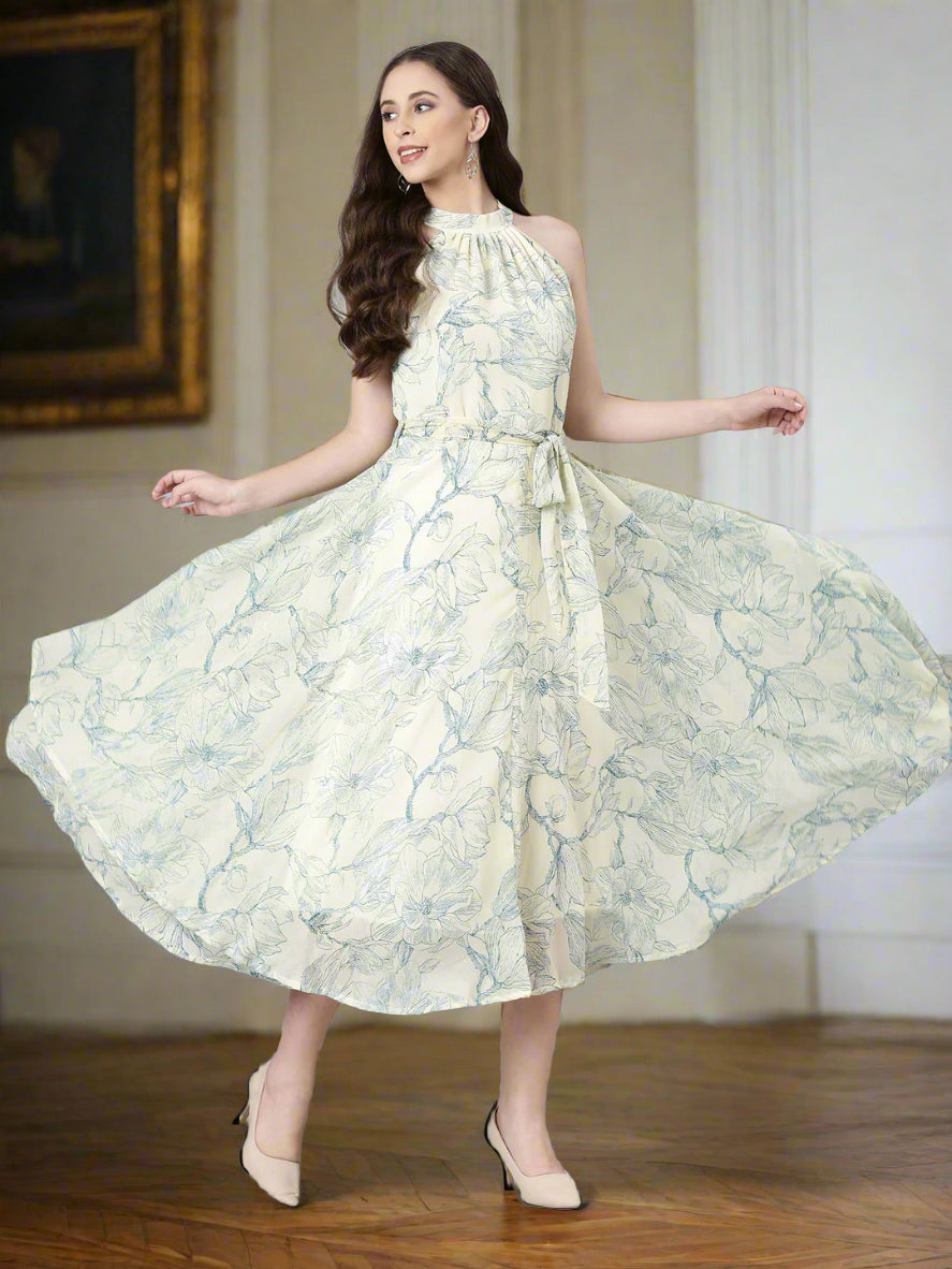 Women Cream Floral Chiffon Maxi Dress