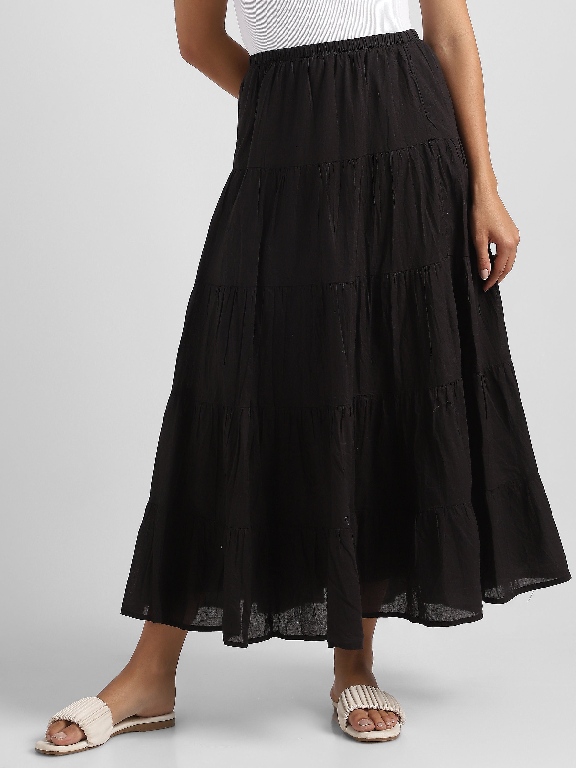 Women Black Flared Tier Maxi Skirt