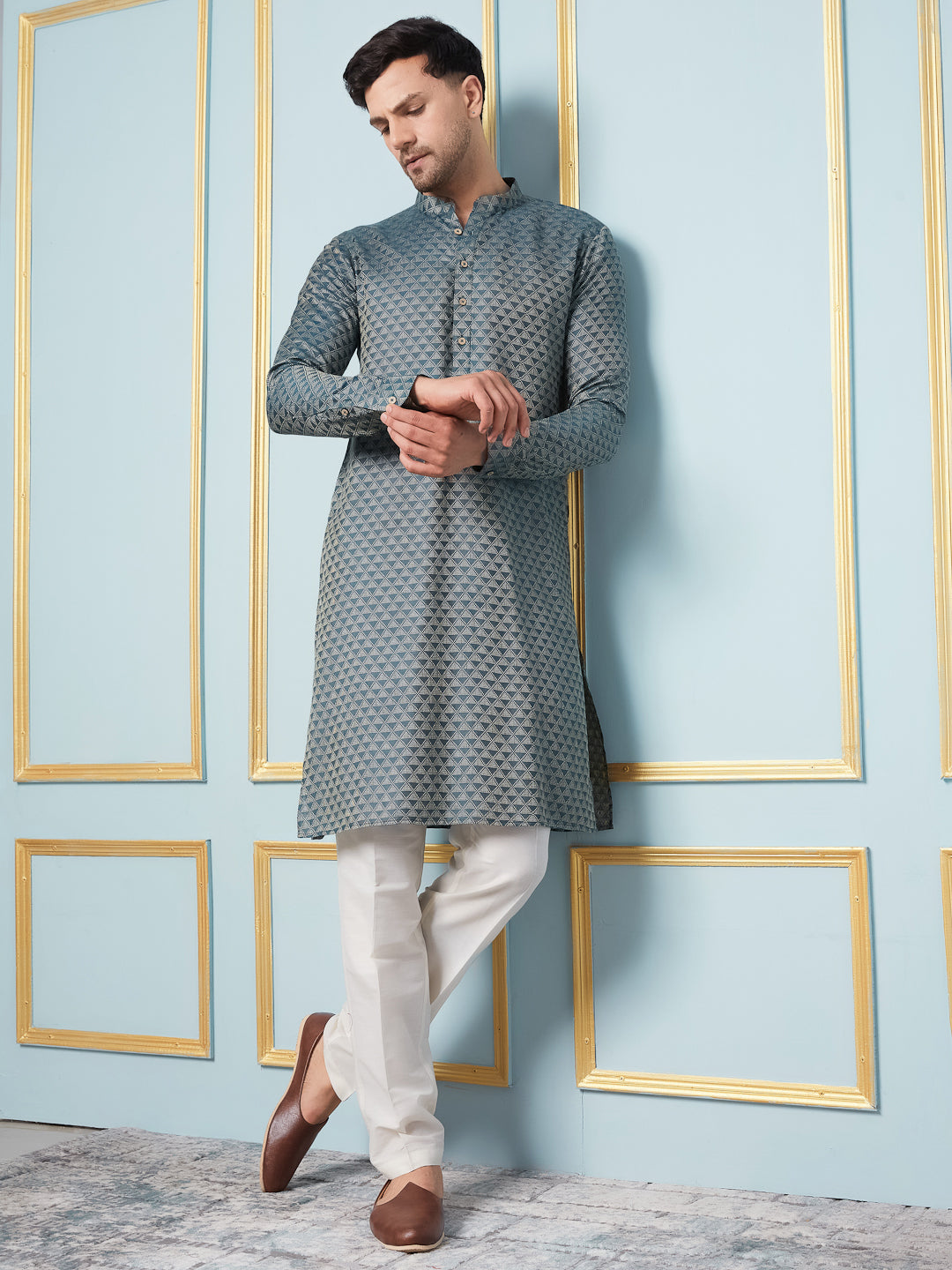 Men Green Woven Design Thread Work Kurta