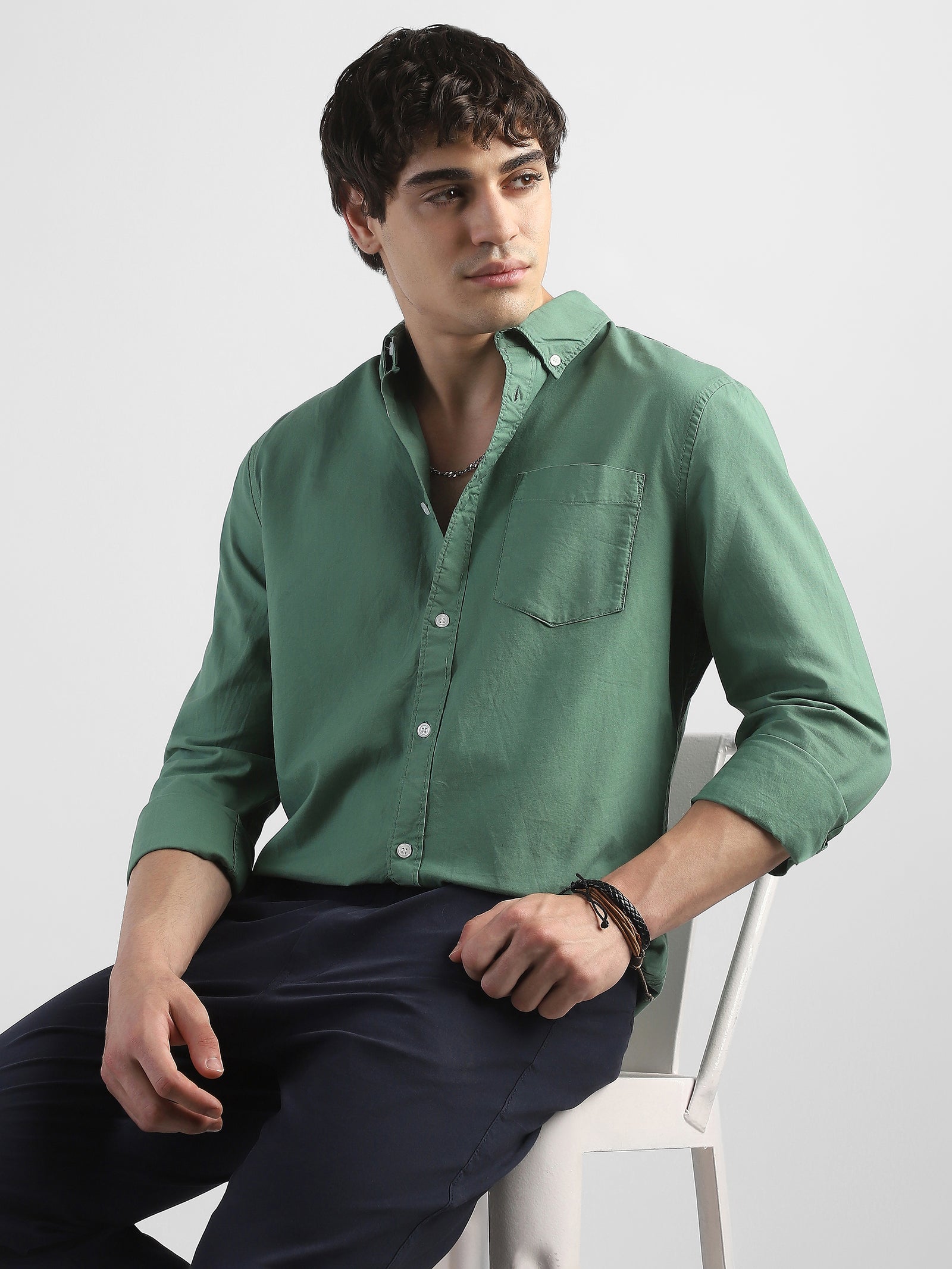 Men Green Regular Fit Spread Collar Shirt