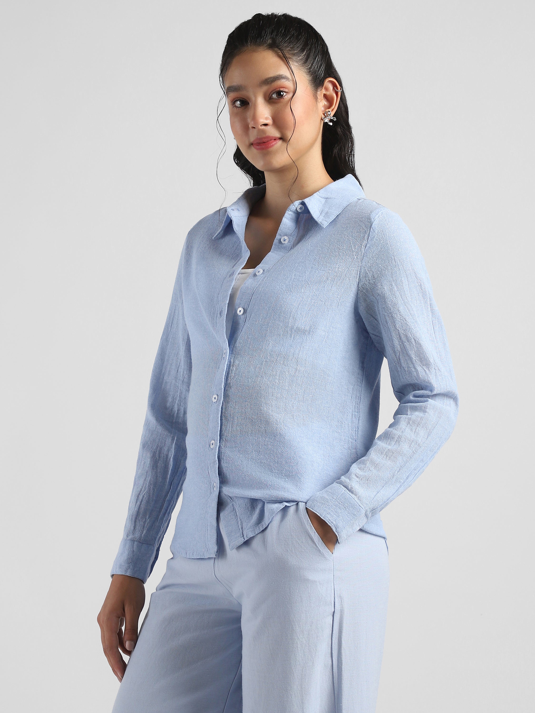Women Blue Textured Regular Fit Shirt