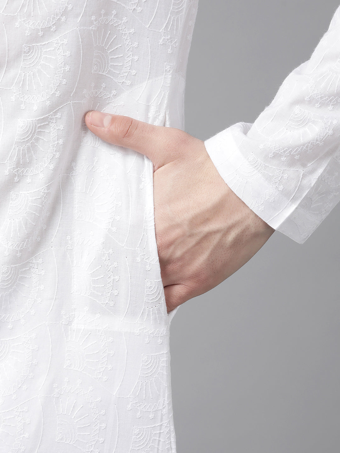 Men White Pure Cotton Chikankari Embroidered Straight Kurta