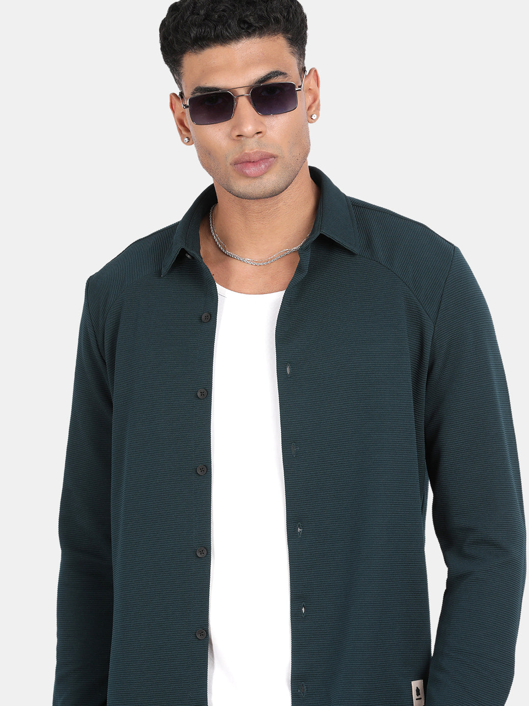 Men Dark Green Slim Fit Spread Collar Full Sleeve Casual Shirt
