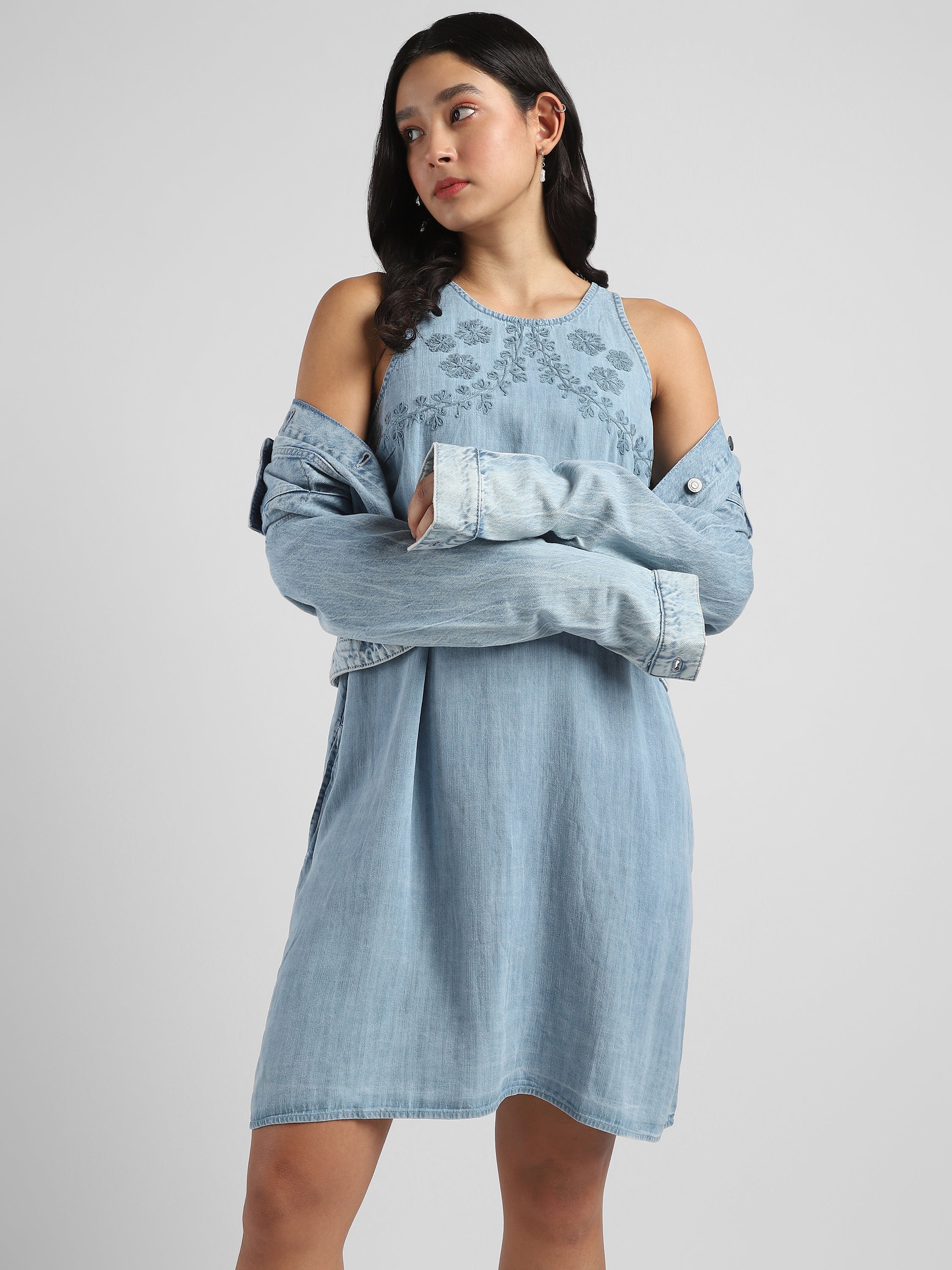 Women Denim Embroidered Midi Dress
