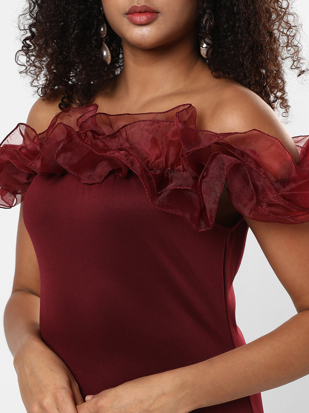 Women Red Bodycon Dress With Organza Detail
