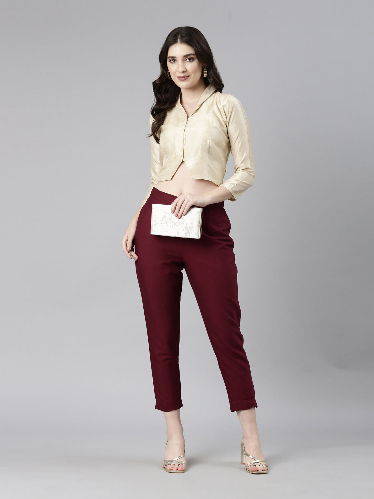 Beige Solid Three-Quarter Sleeves Mandarin Collar Dupion Silk Knot Blouse