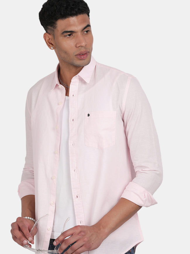 Men Light Pink Slim Fit Spread Collar Full Sleeve Casual Shirt