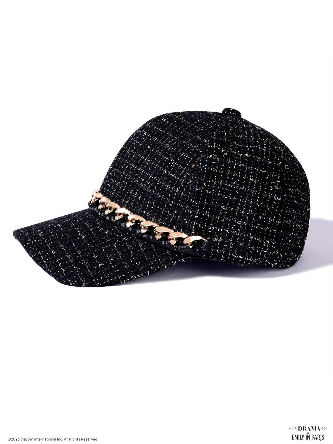 Women Black Tweed Baseball Cap With Gold Chain