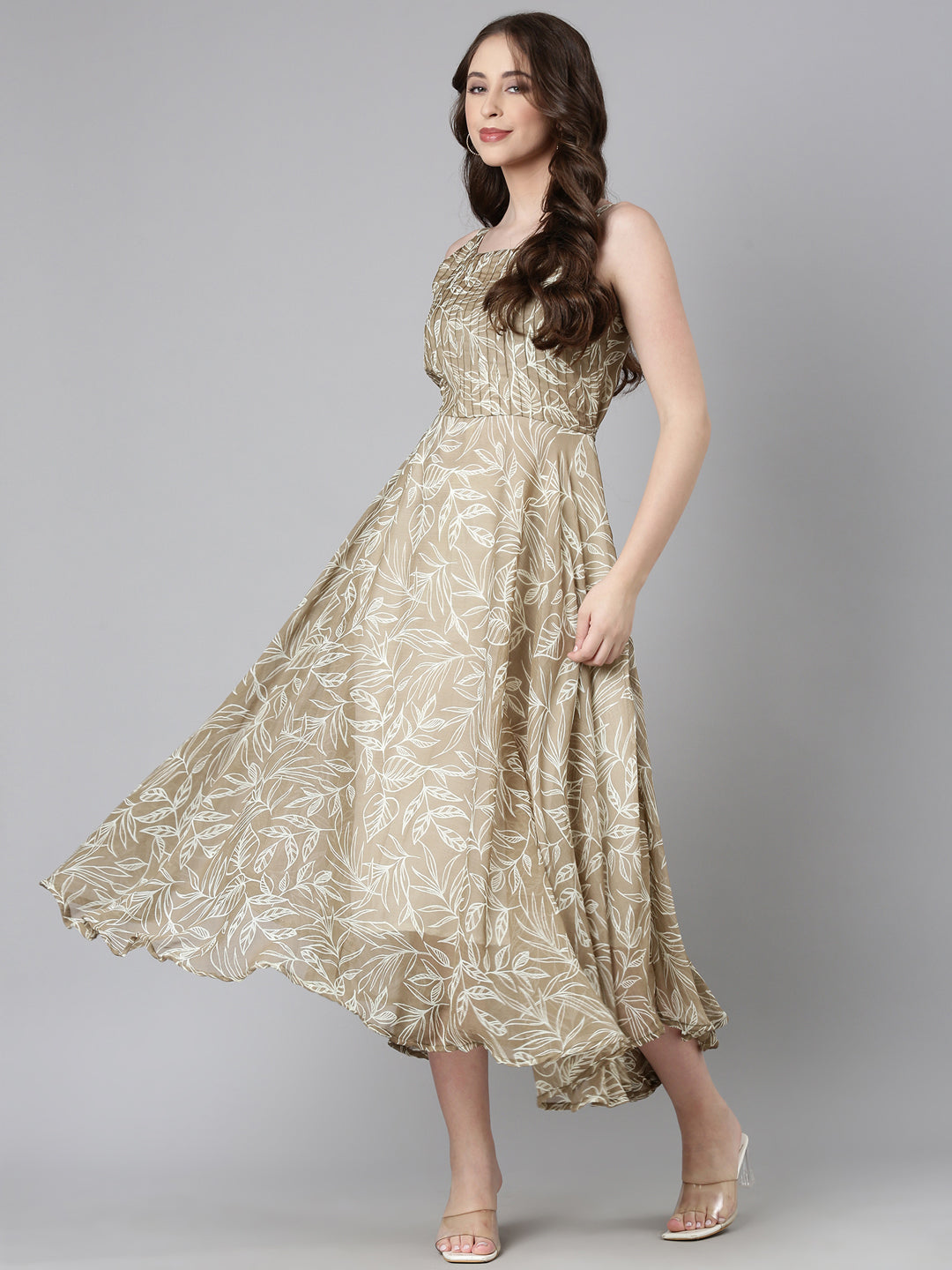 Women Beige Floral Chiffon Dress