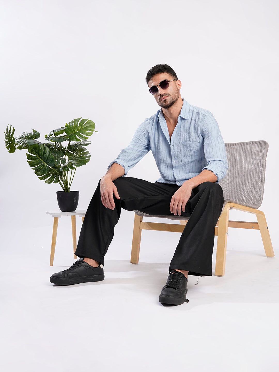 Men Blue Striped Single Pocket Shirt