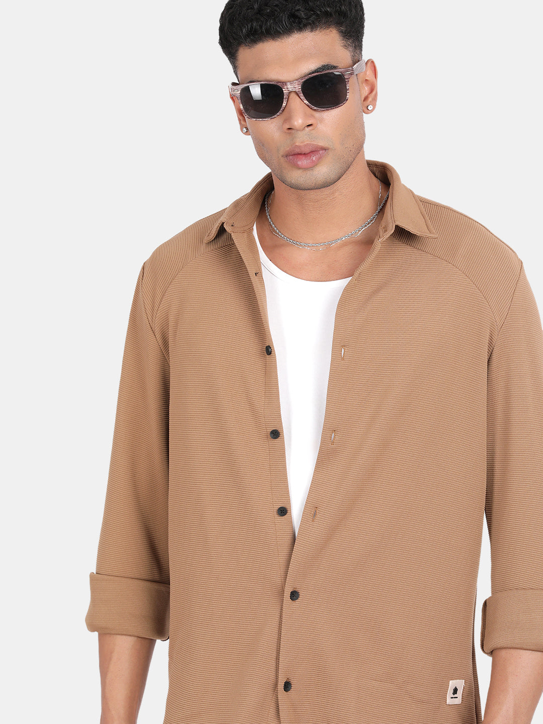 Men Khaki Slim Fit Spread Collar Full Sleeve Casual Shirt