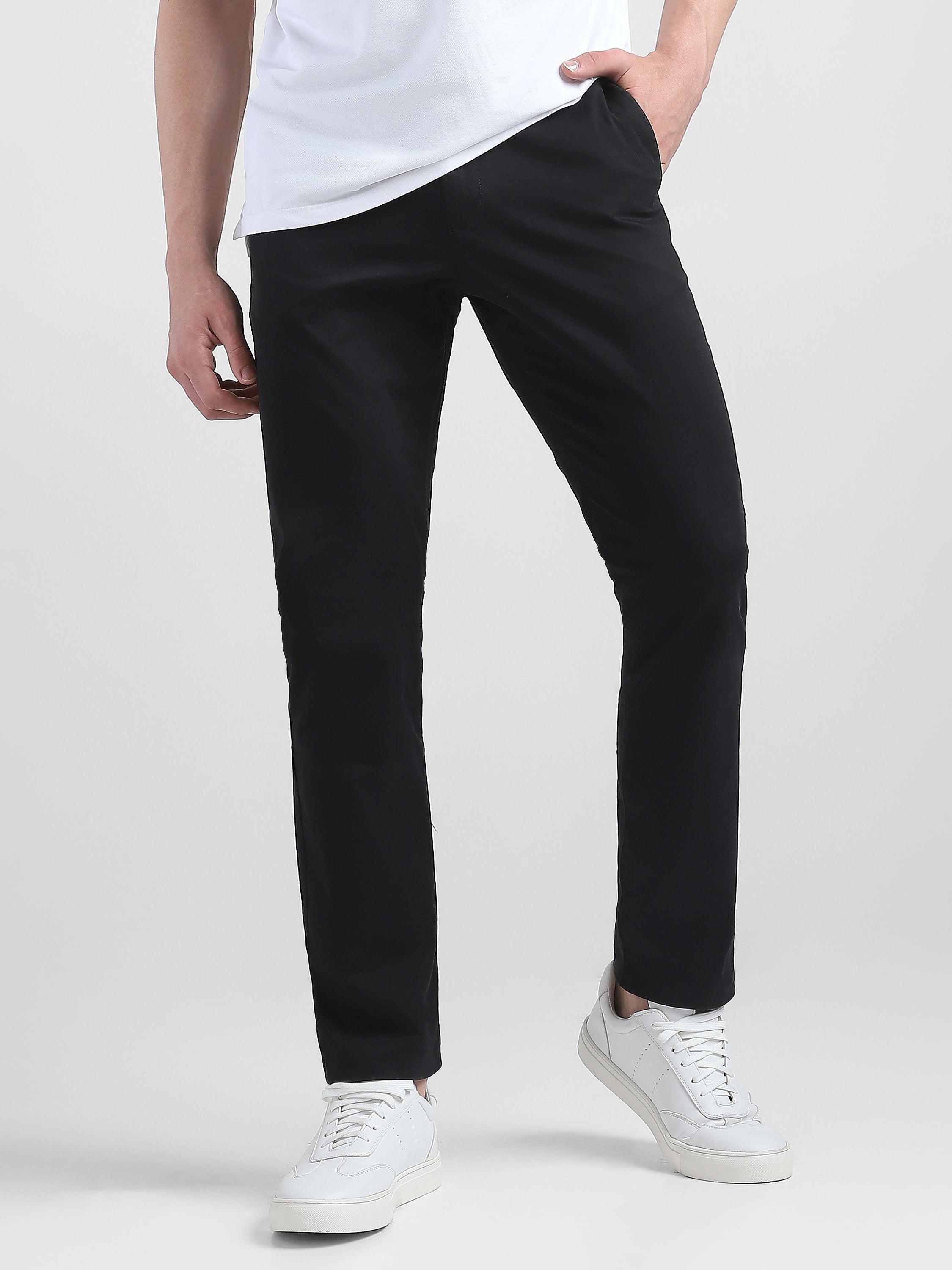 Men Black Mid Rise Regular Fit Trouser