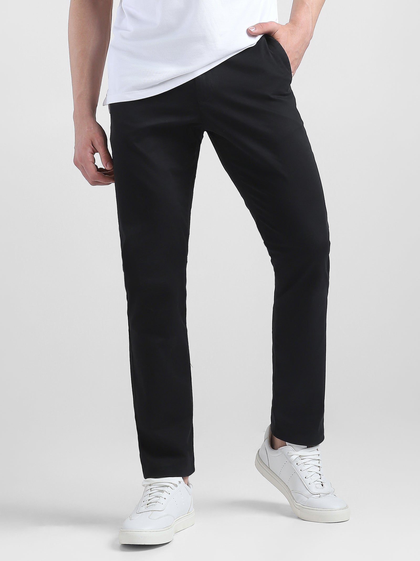 Men Black Mid Rise Regular Fit Trouser