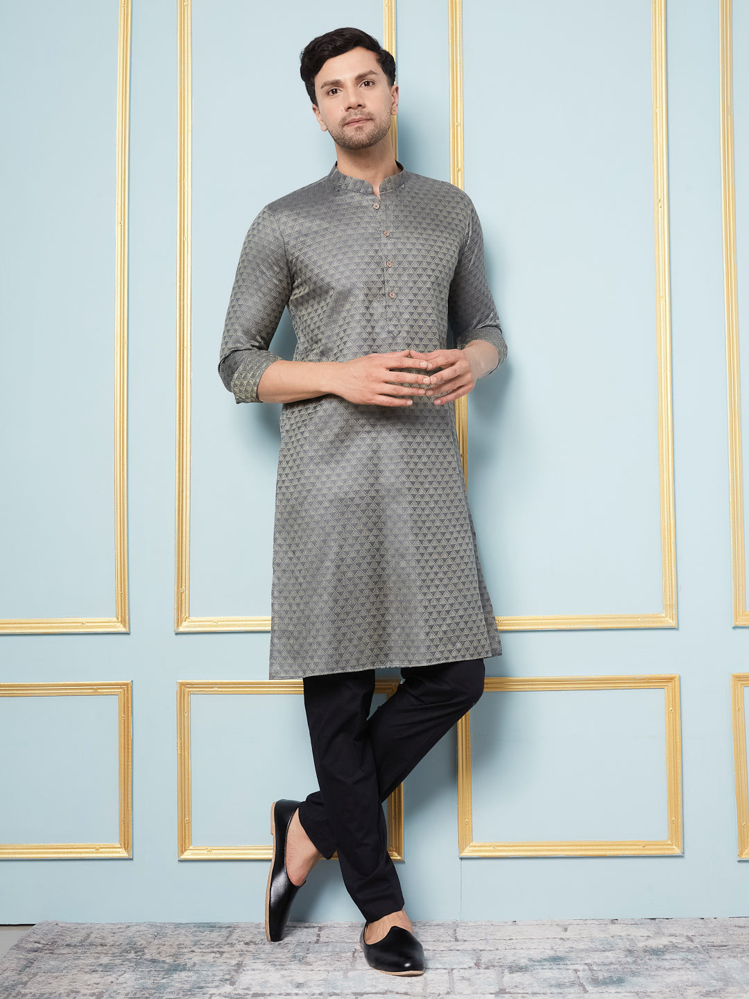 Men Charcoal Woven Design Thread Work Kurta