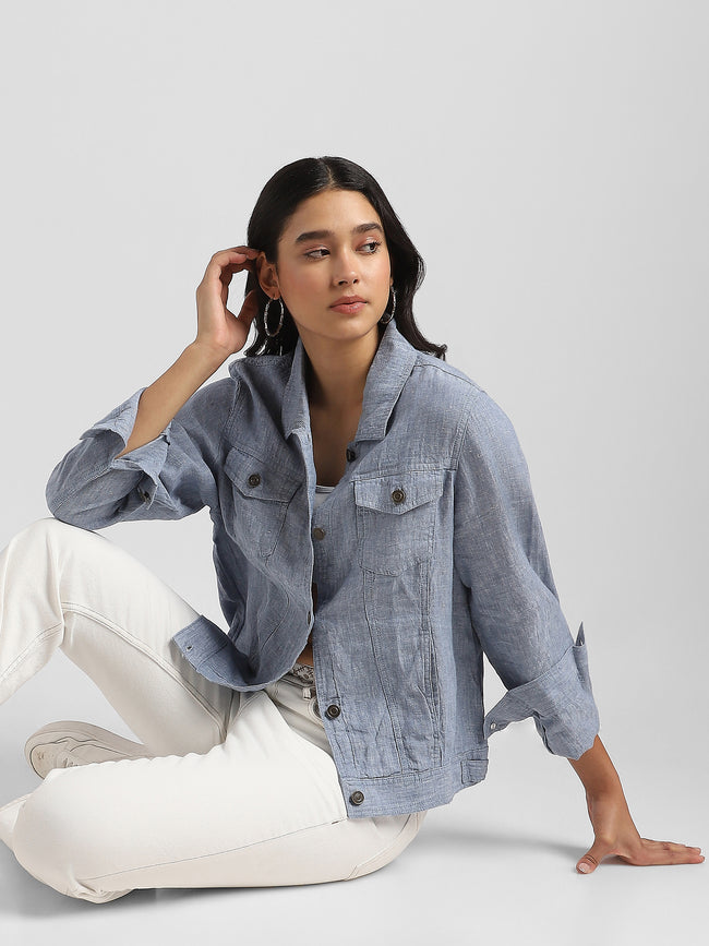 Women Linen Blue Shacket
