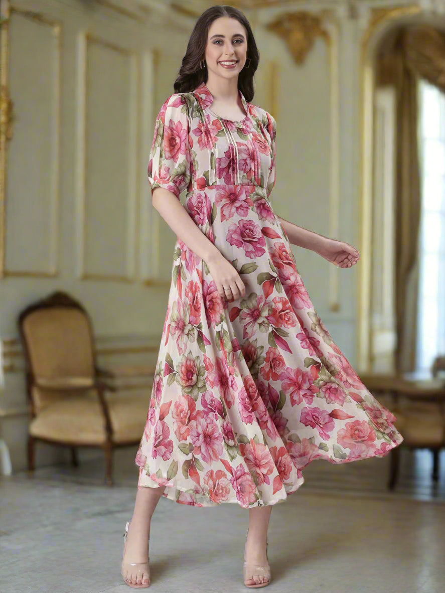Women Cream Floral Chiffon Dress