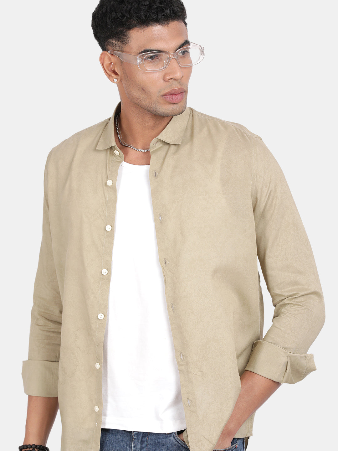 Men Khaki Slim Fit Spread Collar Full Sleeve Casual Shirt