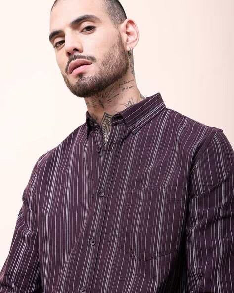 Men Burgundy Striped Shirt