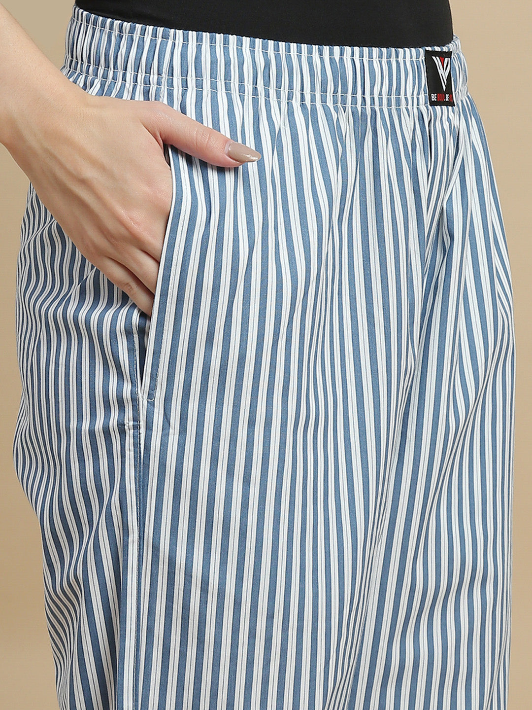 Women Blue & White Striped Cotton Pyjamas